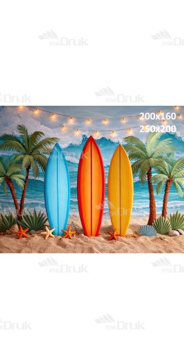 Tło fotograficzne „Kolorowe deski surfingowe z palmami i girlandą świateł” | 4058
